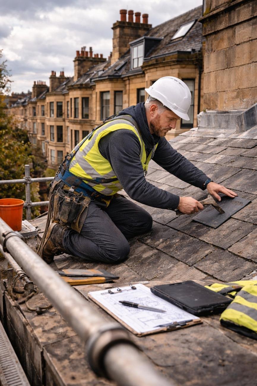 Roofer fixing slates on a West End tenement roof